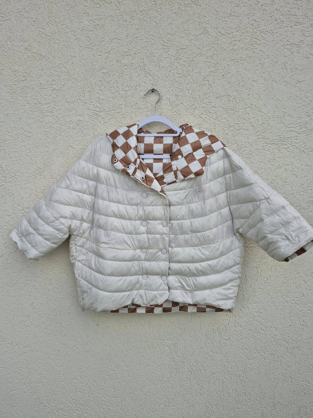 מעיל פוך קרופ דו כיווני משבצות חום ולבן