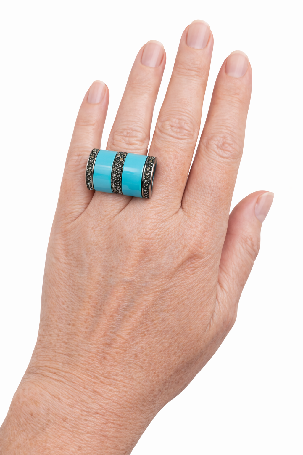 טבעת מלבנית גדולה טורקיז ואבנים