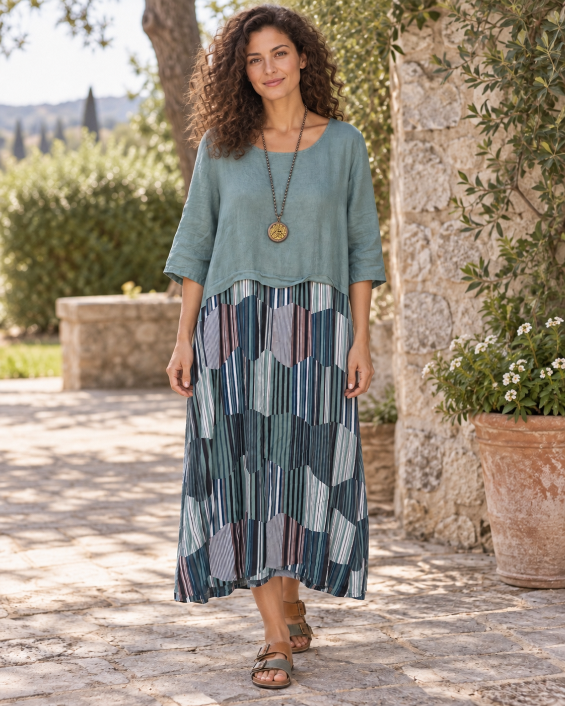 שמלת כותנה שילוב בדים