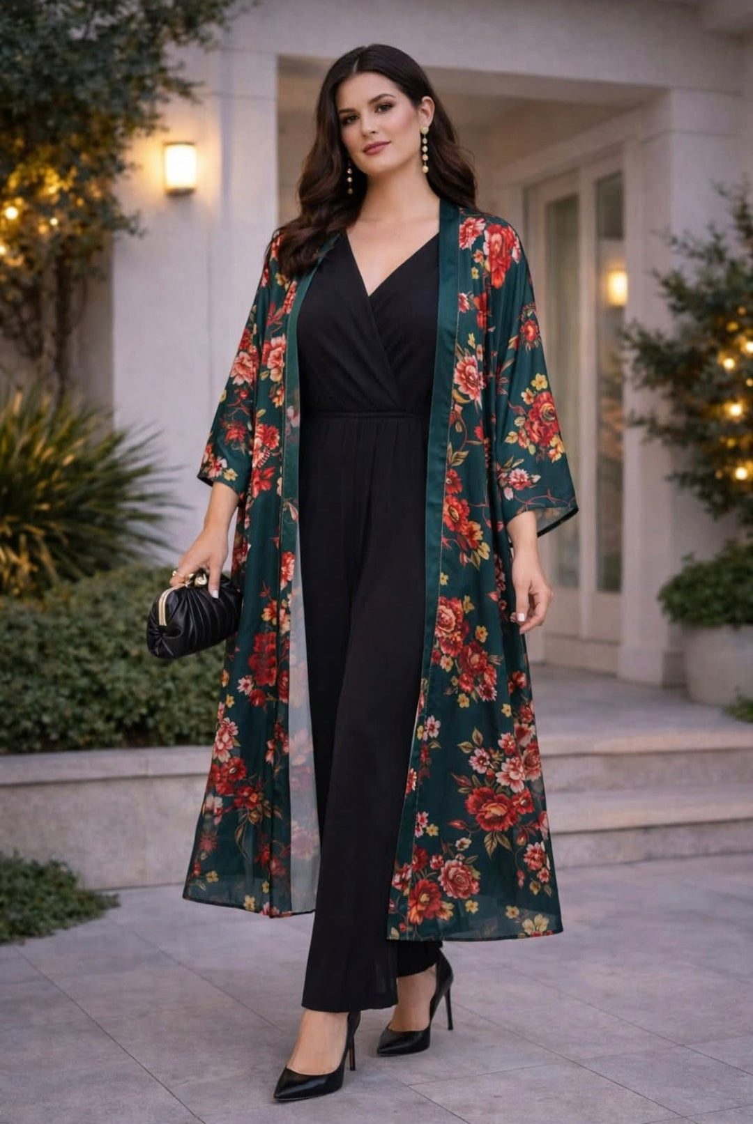 קימונו ירוק בהדפס פרחים עם בד מבריק